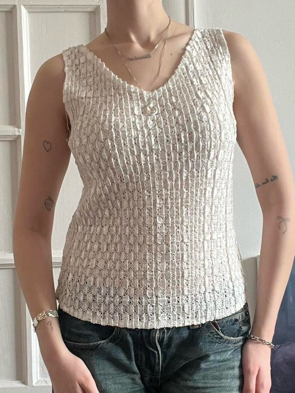 White Boxy Textured Tank Top